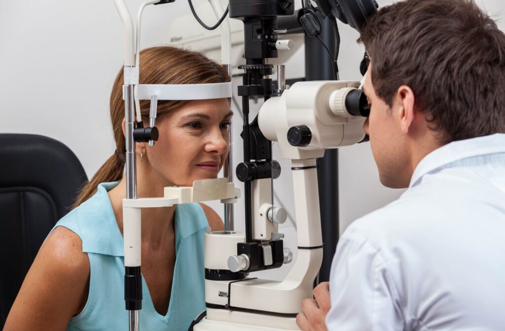 Patient undergoing routine eye exam to assess 20/40 vision.